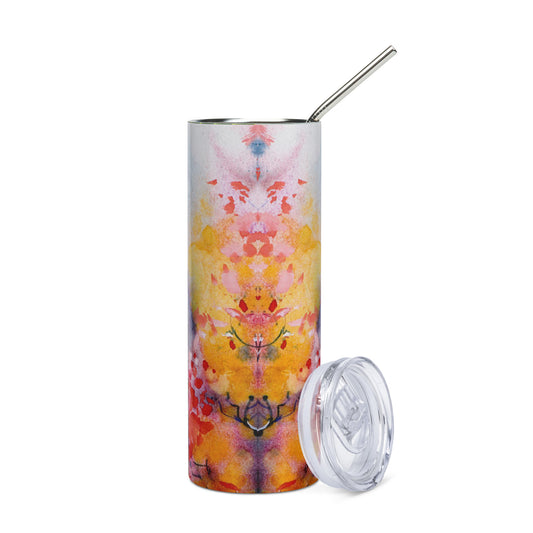 Mireille Fine Art, abstract floral stainless steel tumbler with metal straw, 20 oz