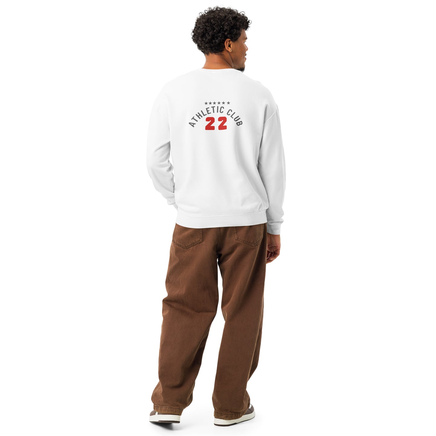back view of relaxed fit white crewneck sweatshirt for men