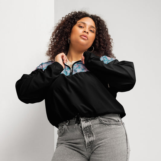 female model wearing women's black multicolored cropped windbreaker hoodie