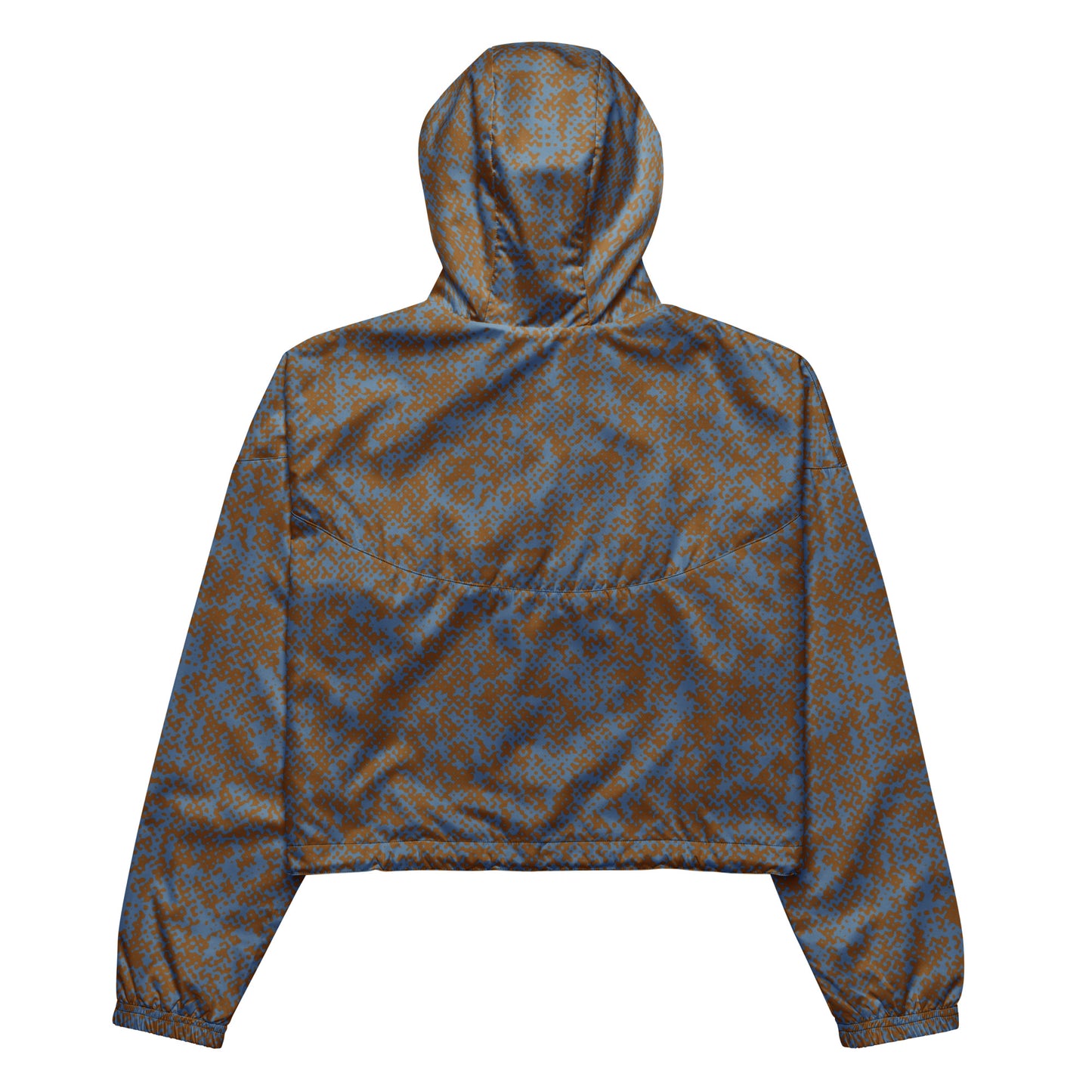 Back view of windbreaker jacket hoodie with a blue and brown pattern on a white background