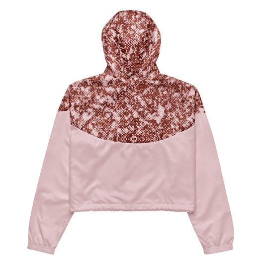 back view of pink windbreaker jacket with a patterned hood on a white background