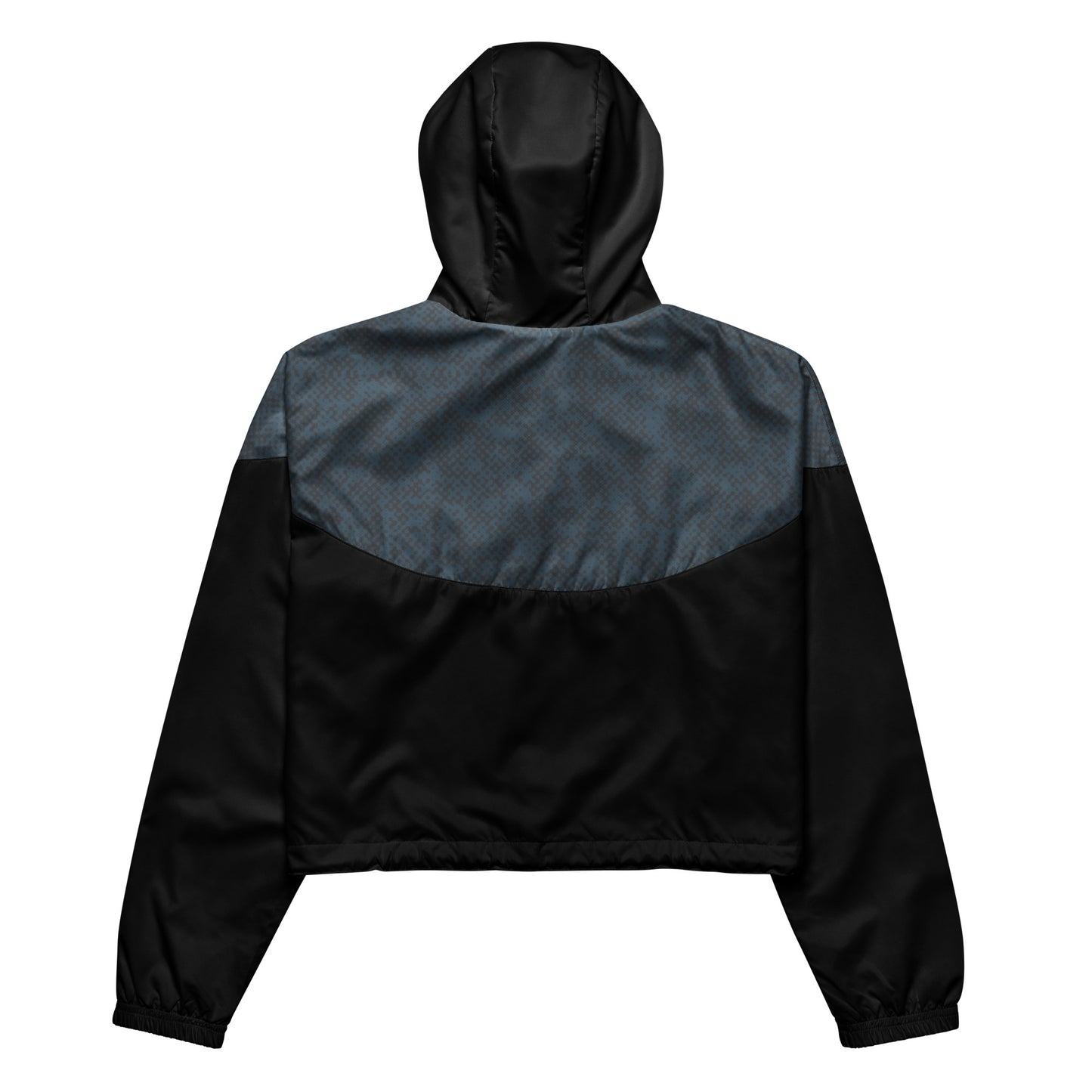 Black and navy windbreaker jacket with a hood on a white background