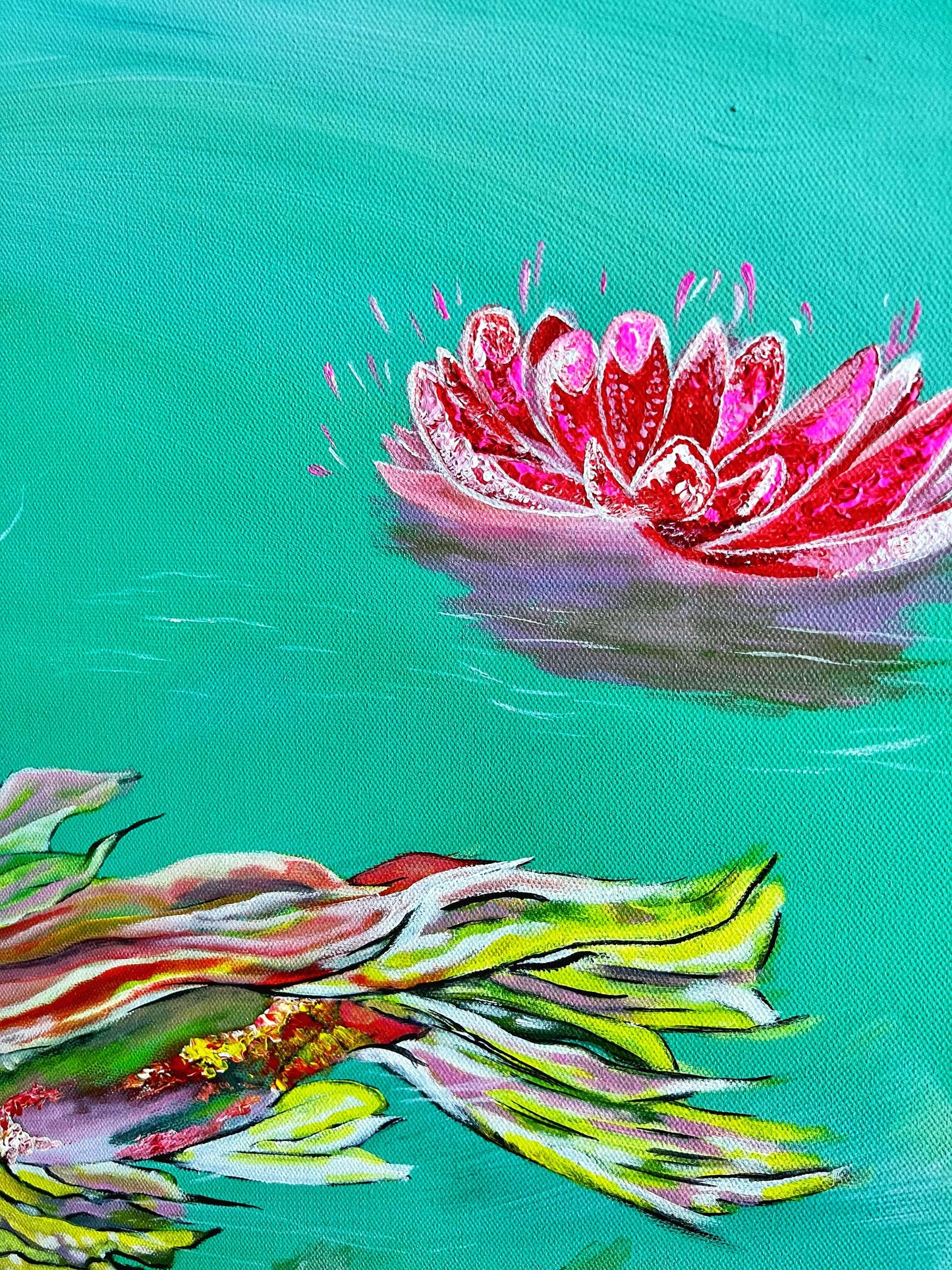 large colorful catfish painting in green koi pond