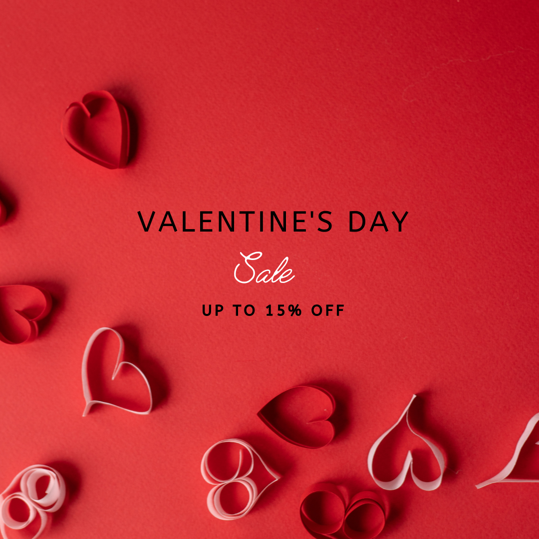 valentines day sale, red promotional image with hearts 