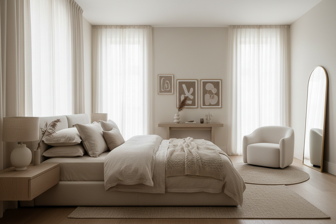 a calm luxurious bedroom with modern furniture 