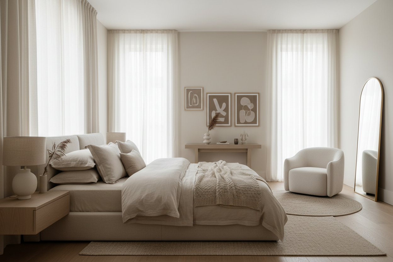 a calm luxurious bedroom with modern furniture 