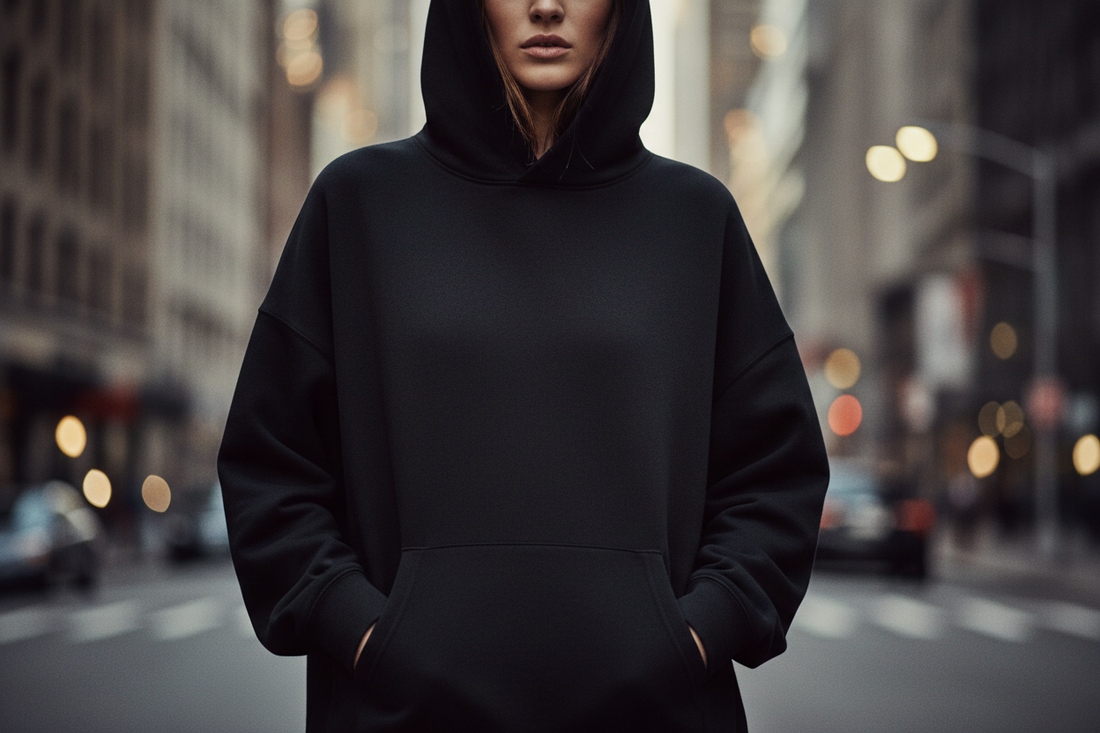 close-up of a female model wearing a black relaxed fit hoodie