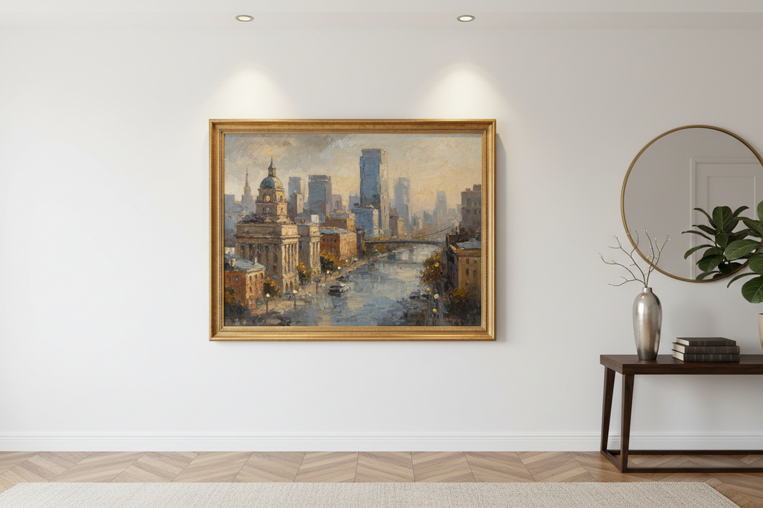 a medium size original painting of a city on the wall of an entryway