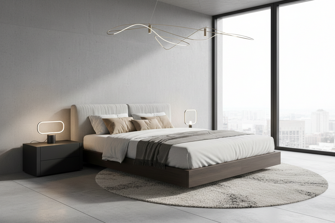 a modern bedroom with a modern bed