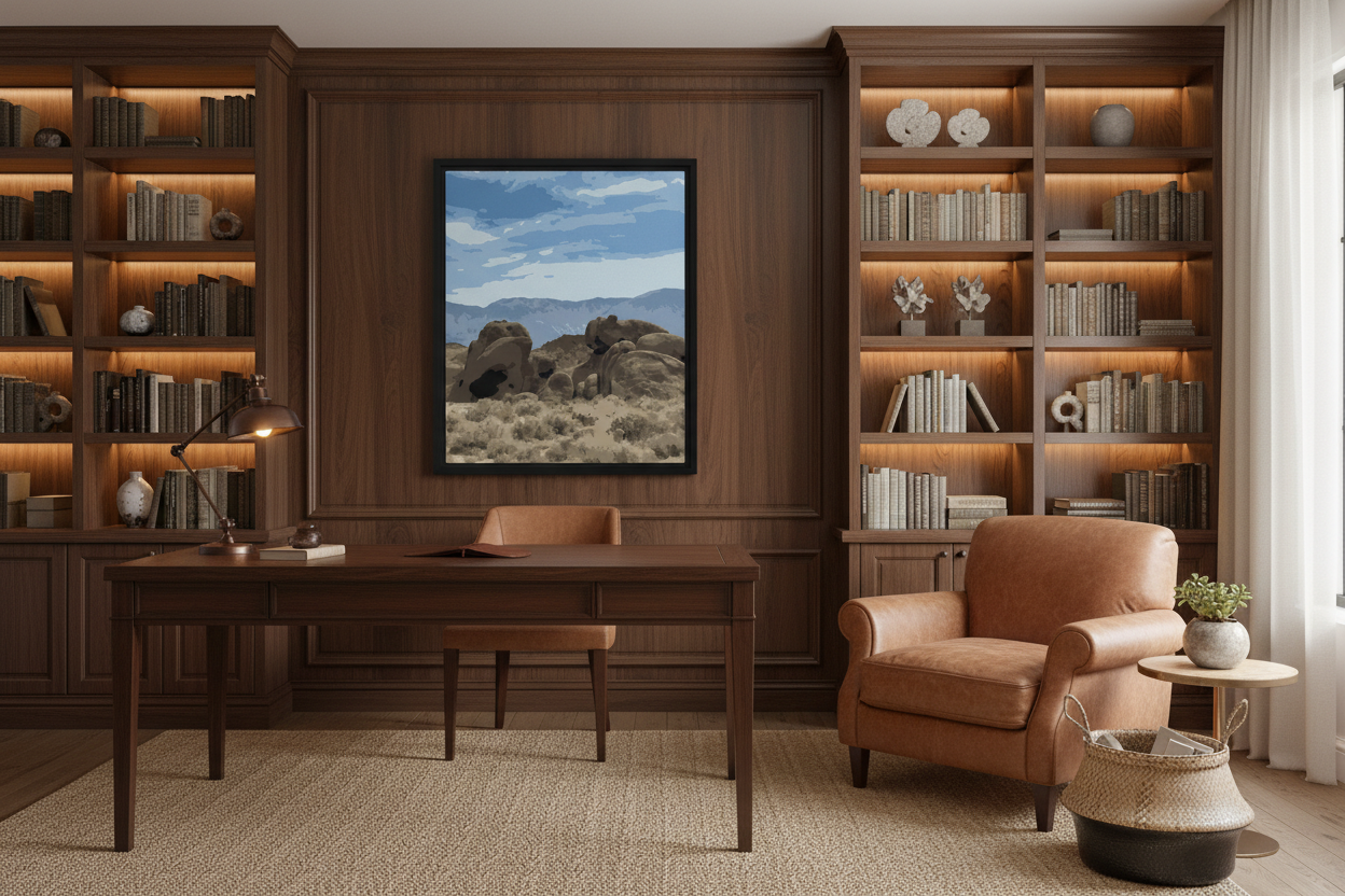 Modern home office with wooden bookshelves, alabama hills framed desert canvas print on the wall, desk, and armchair.
