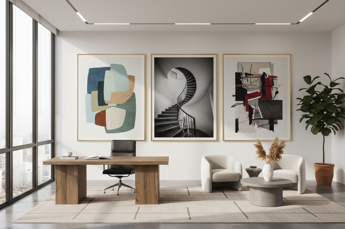 an office with original art on the wall