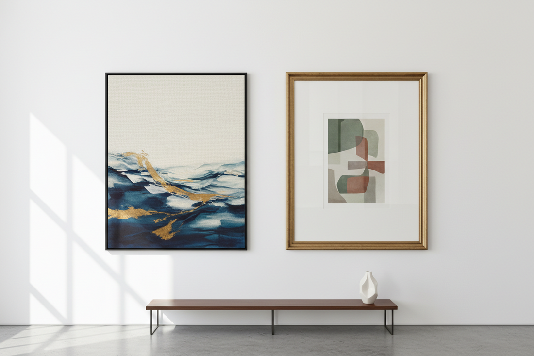 two paintings side by side on a wall with a console table 