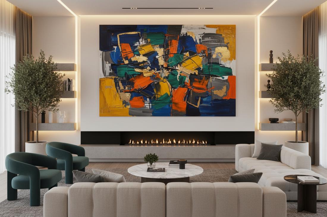 large contemporary wall art over a fireplace in a living room