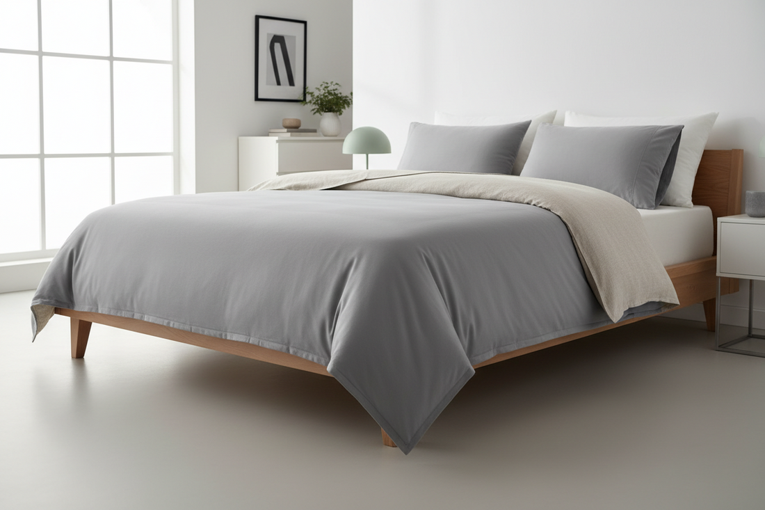 modern bedroom with microfiber duvet cover with linen reverse side