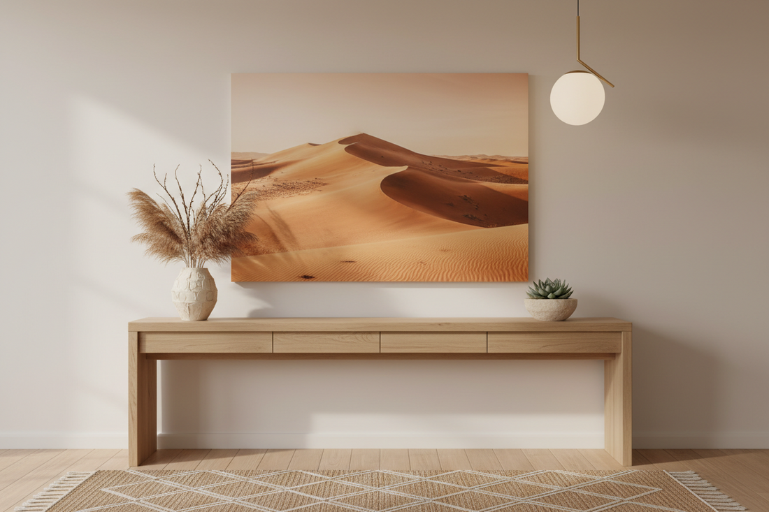 canvas print artwork of a desert in an entryway