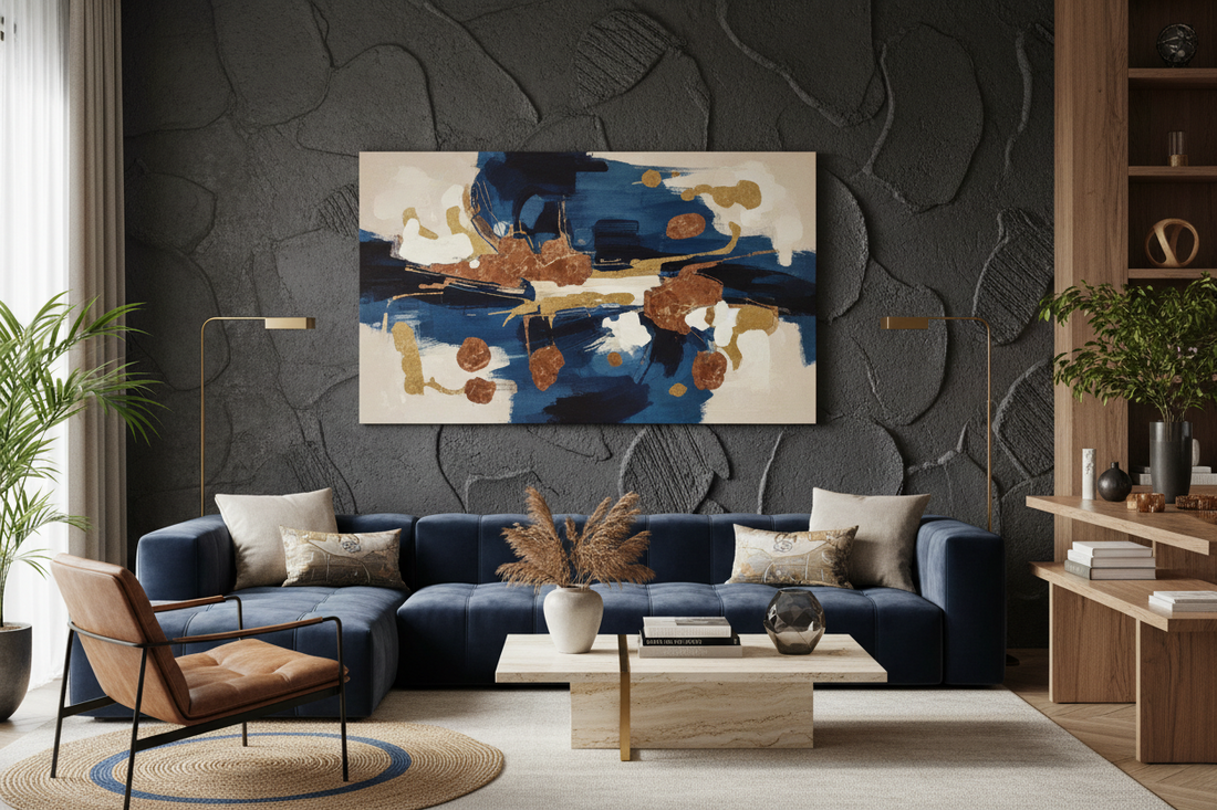 abstract canvas print on a wall in a modern living room