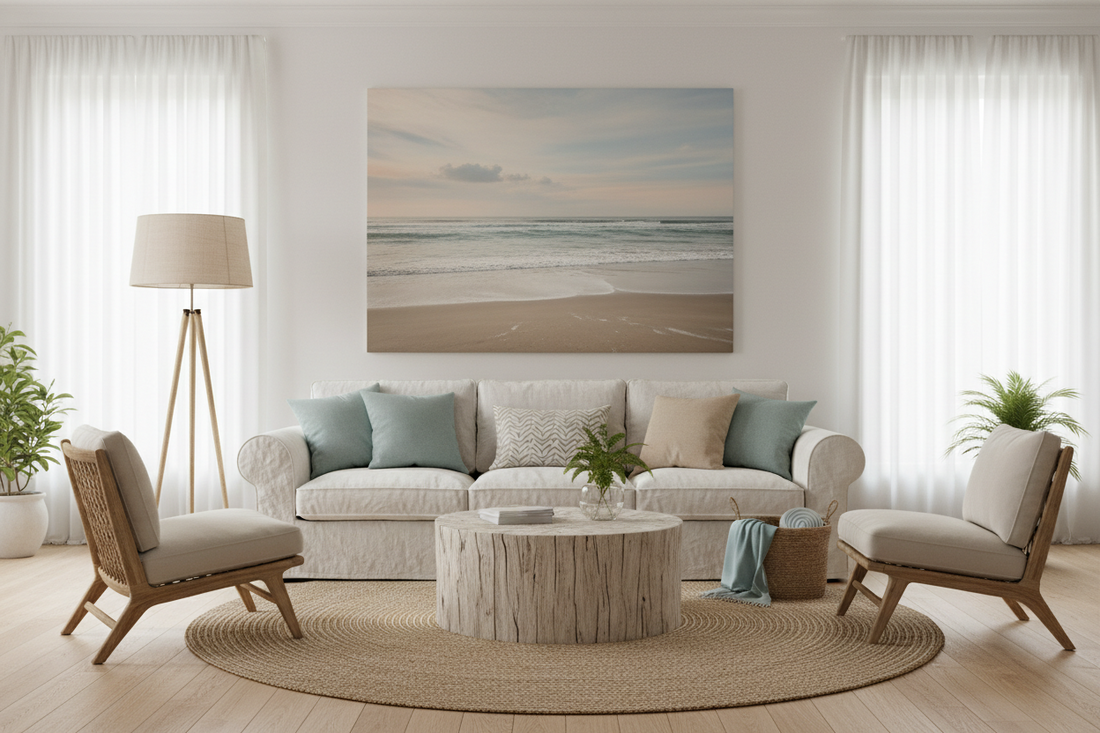 canvas print painting of a beach in a living room