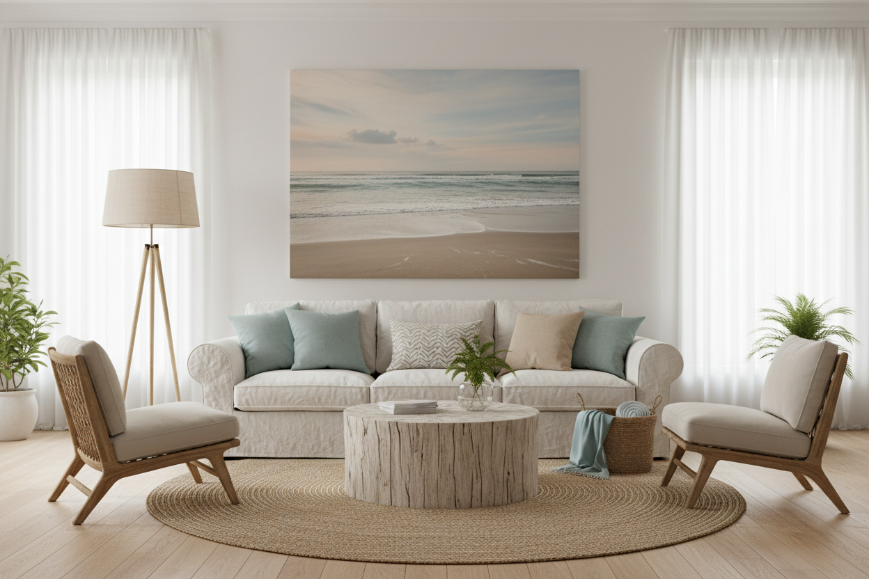 canvas print painting of a beach in a living room