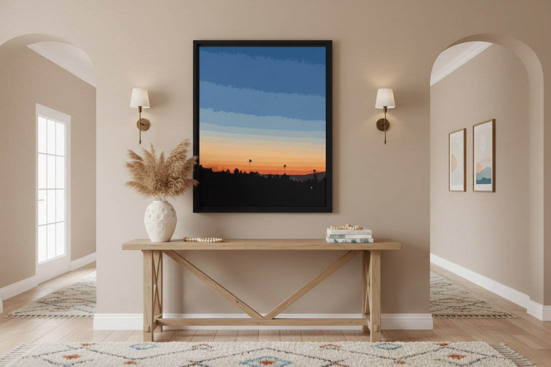 sunset palm trees wall art framed canvas print in a hallway