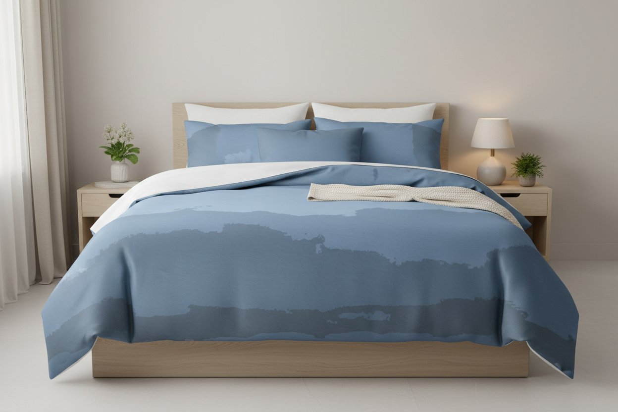 blue abstract duvet cover on a bed 