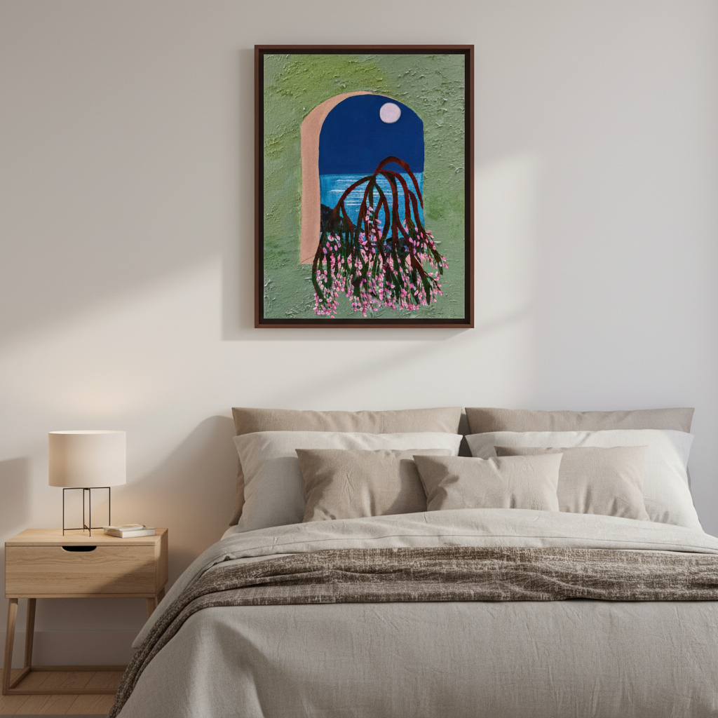 original painting of floral blossoms over a bed