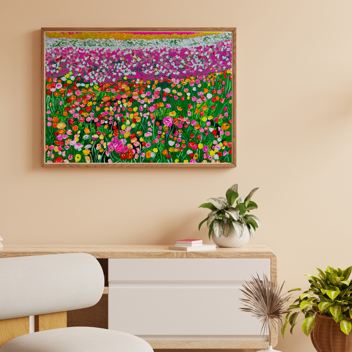 16x20 Flower painting landscape, Flower Fields by Mireille Louis. Mireille Fine Art