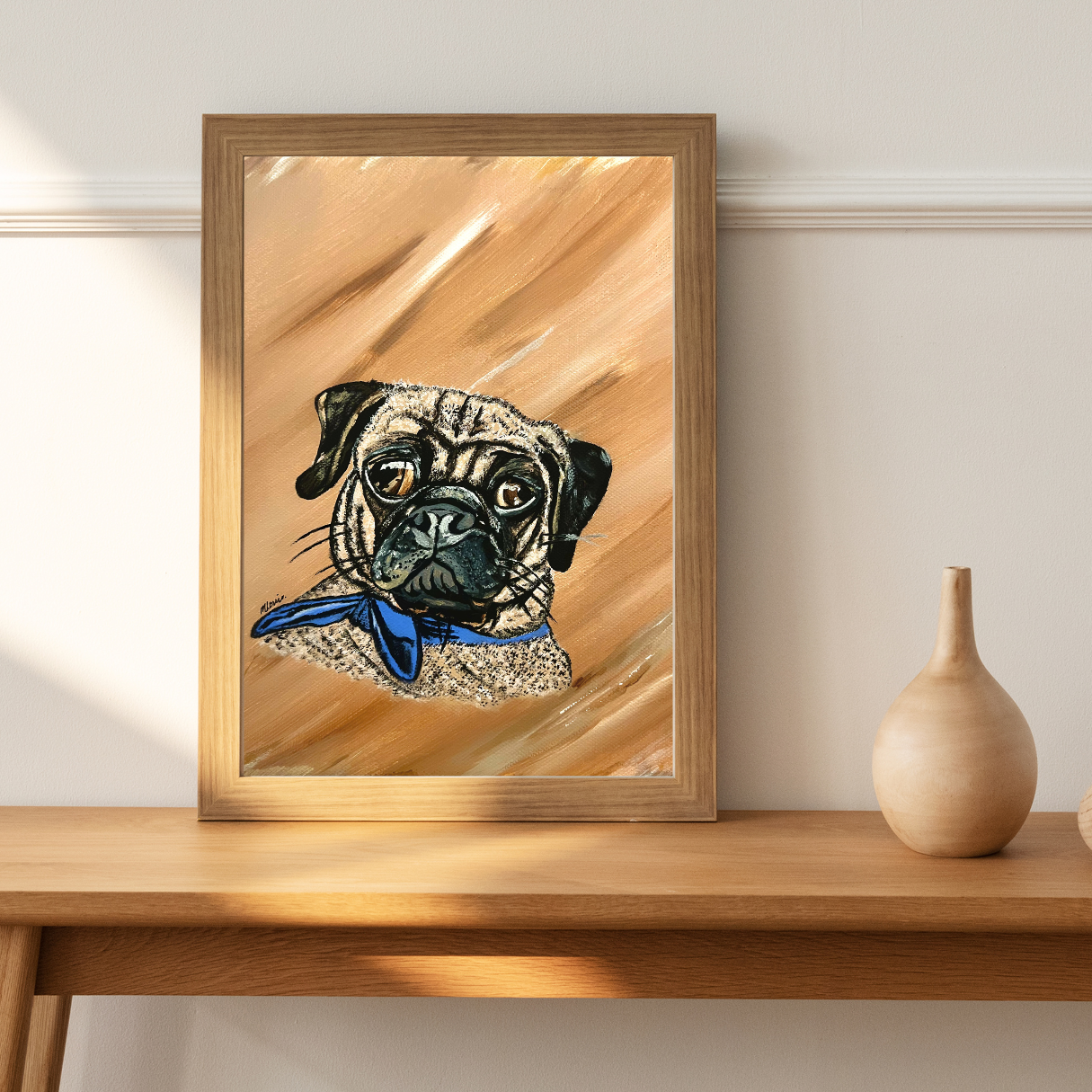 8x10 Pug dog painting. Tawny Pug by Mireille Louis. Mireille Fine Art