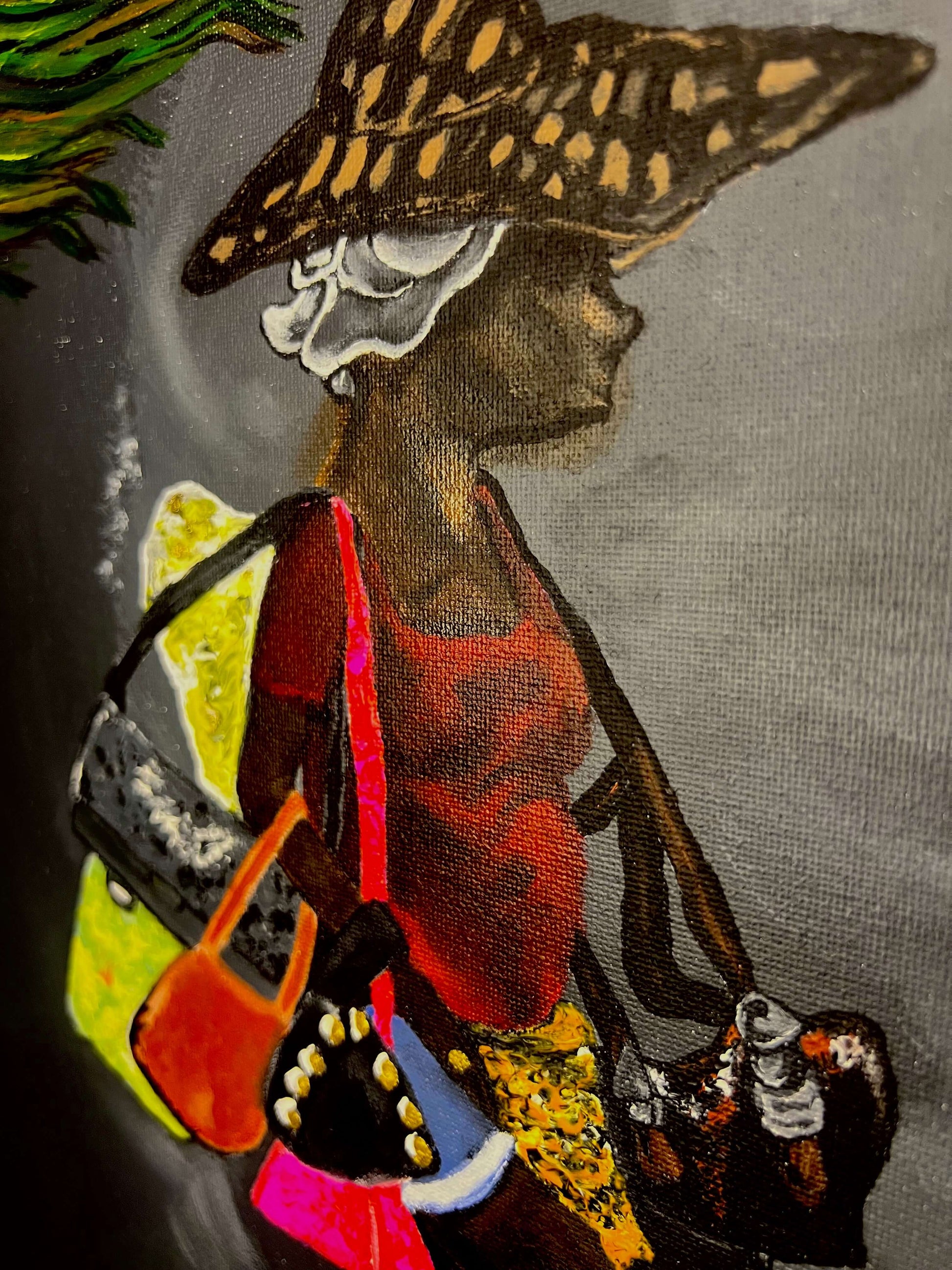 Mireille Fine Art, original abstract fine art canvas painting of palm trees, black island woman textured artwork