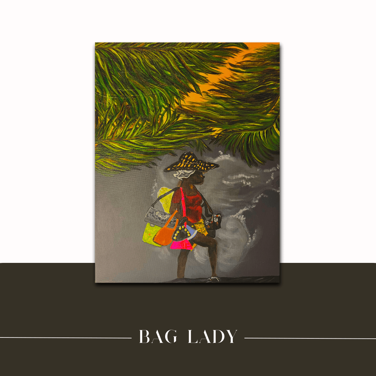Mireille Fine Art, original abstract fine art canvas painting of palm trees, black island woman textured artwork