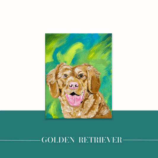 Mireille Fine Art, acrylic on canvas fine art dog paintings, figure art golden retriever artwork