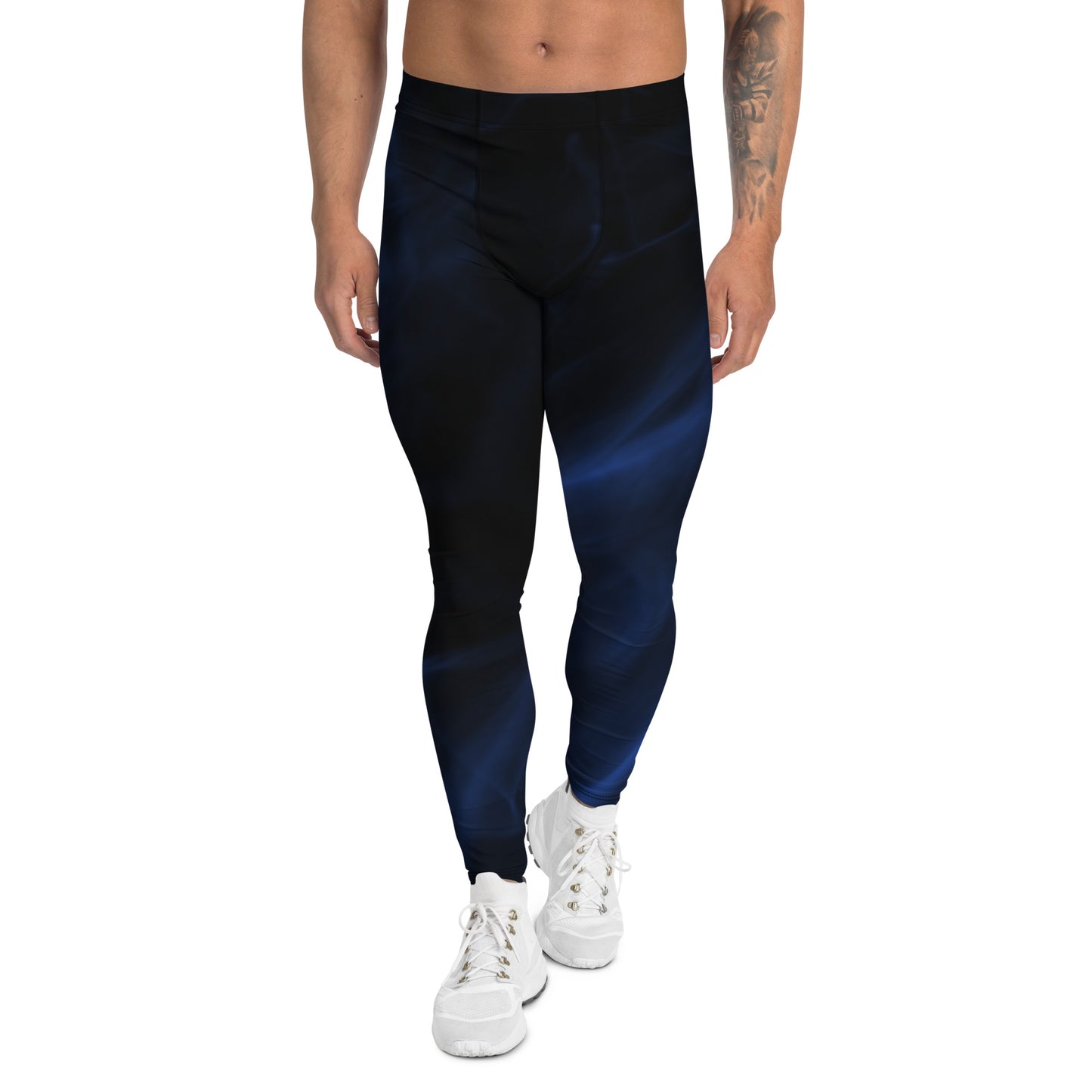 Men's long all-over print black and blue stretchy compression gym leggings