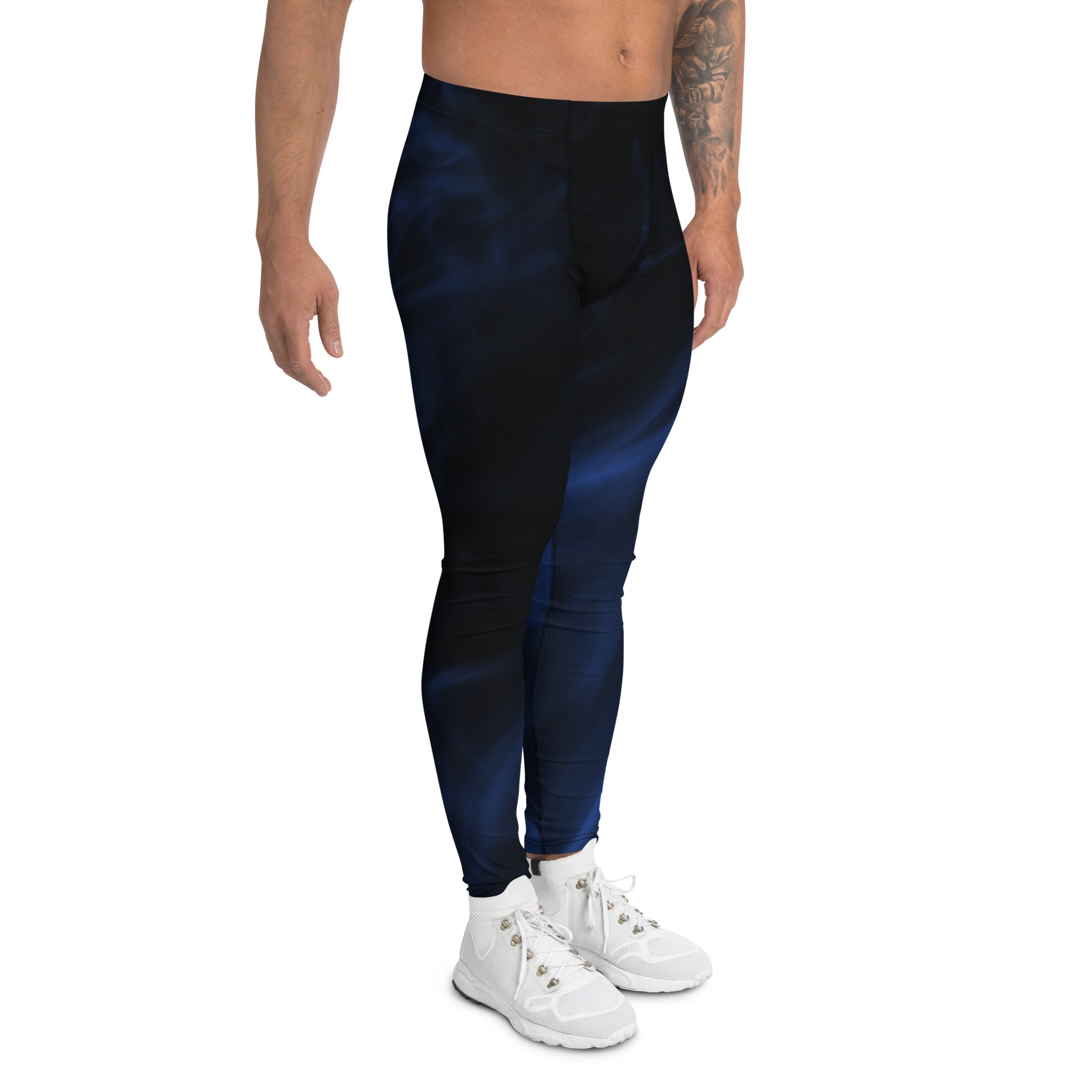 Men's long all-over print black and blue stretchy compression gym leggings