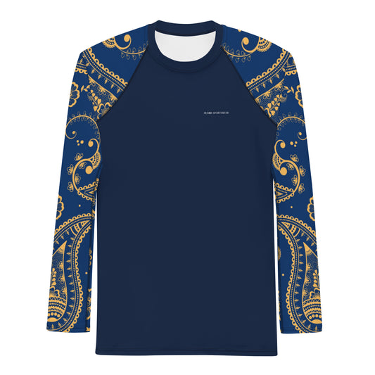 Humble Sportswear, men's color match activewear long sleeve compression tops, paisley print navy blue