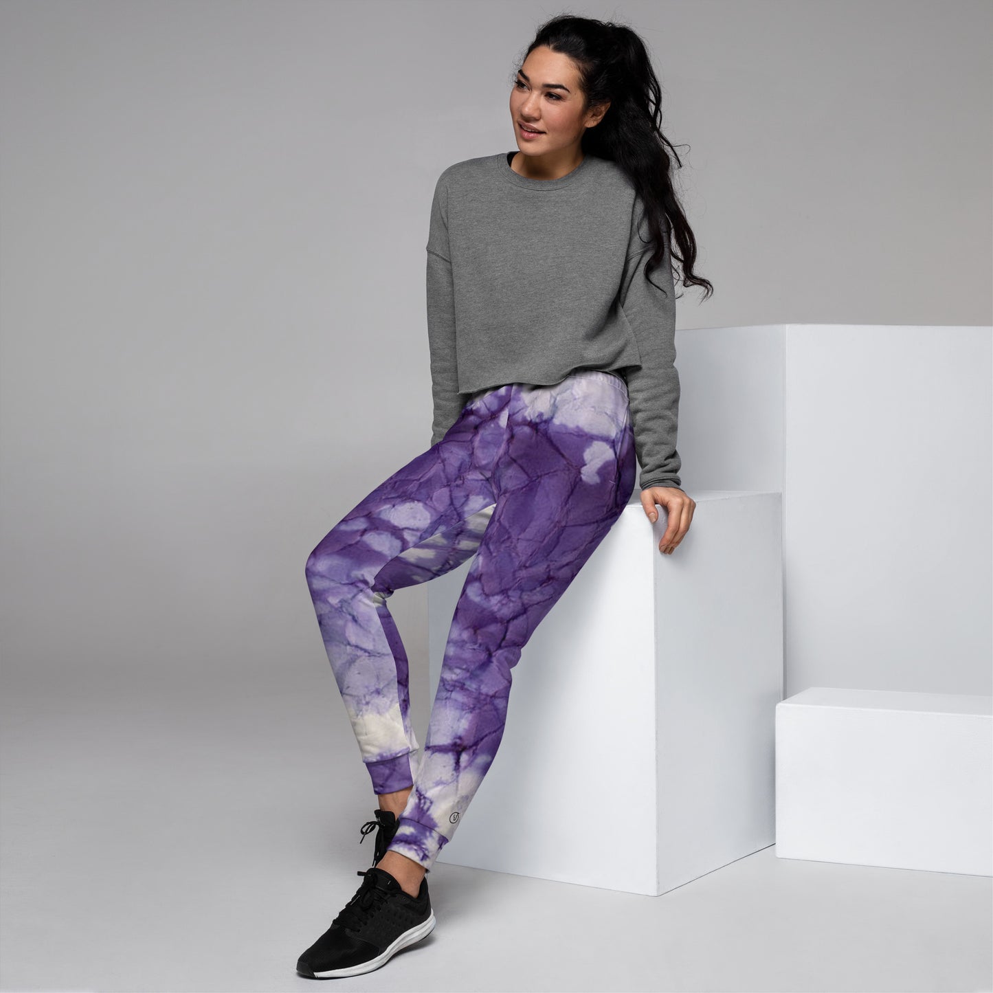 Humble Sportswear, women’s abstract purple fleece joggers with cuffed legs 