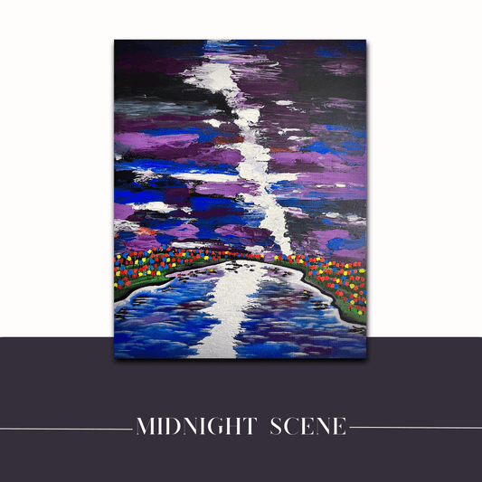 Mireille Fine Art, original fine art nature painting, textured artwork lake at night, nature painting wall art 