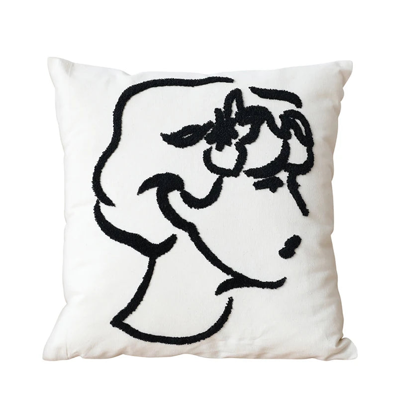 Embroidered throw pillow cover, abstract throw pillow case with modern embroidery of face