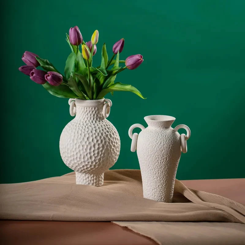 Greek styled amphora with round vintage ceramic vase 