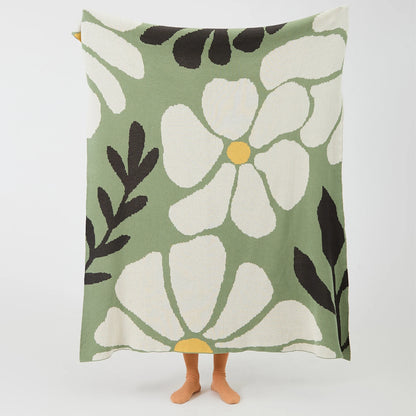 Mireille Fine Art, light green floral knitted throw blanket