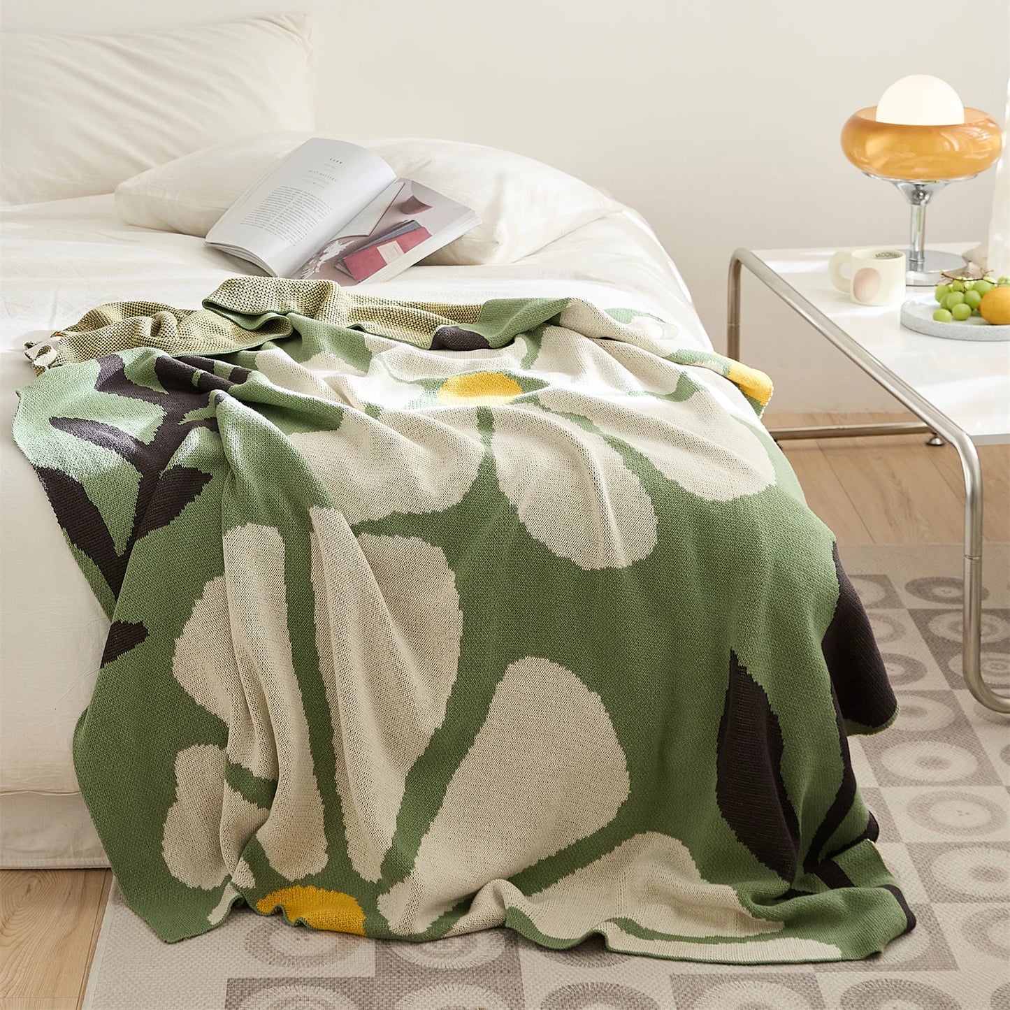 Mireille Fine Art, light green floral knitted throw blanket