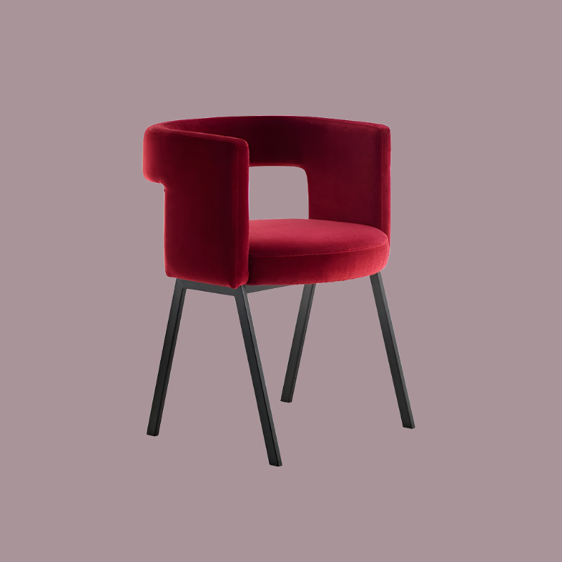 mid-century modern dining chair with buff wine red velvet fabric, Mireille Fine Art 