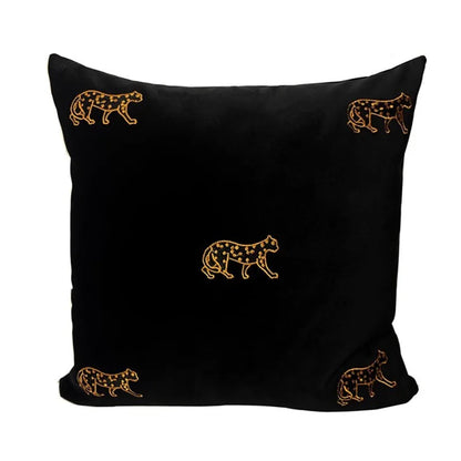 Mireille Fine Art, embroidered leopard throw pillow cover  black gold