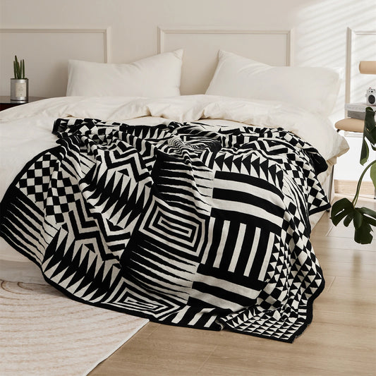 Tribal patterned black and white premium cotton throw blanket 