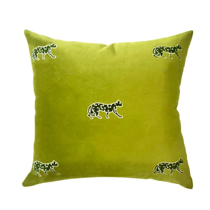 Mireille Fine Art, embroidered leopard throw pillow cover lime green