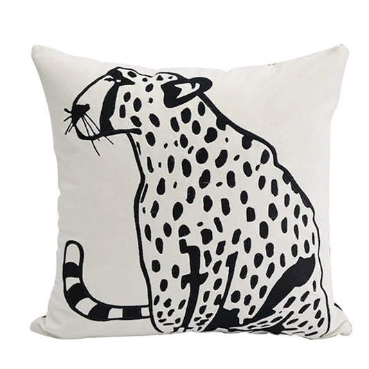 Mireille Fine Art, embroidered leopard throw pillow cover white 