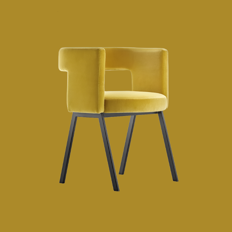 mid-century modern dining chair with buff yellow velvet fabric, Mireille Fine Art 