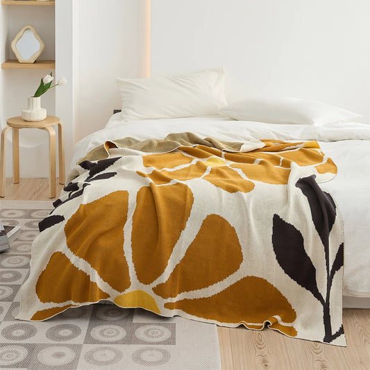 Mireille Fine Art, yellow orange floral knitted throw blanket 
