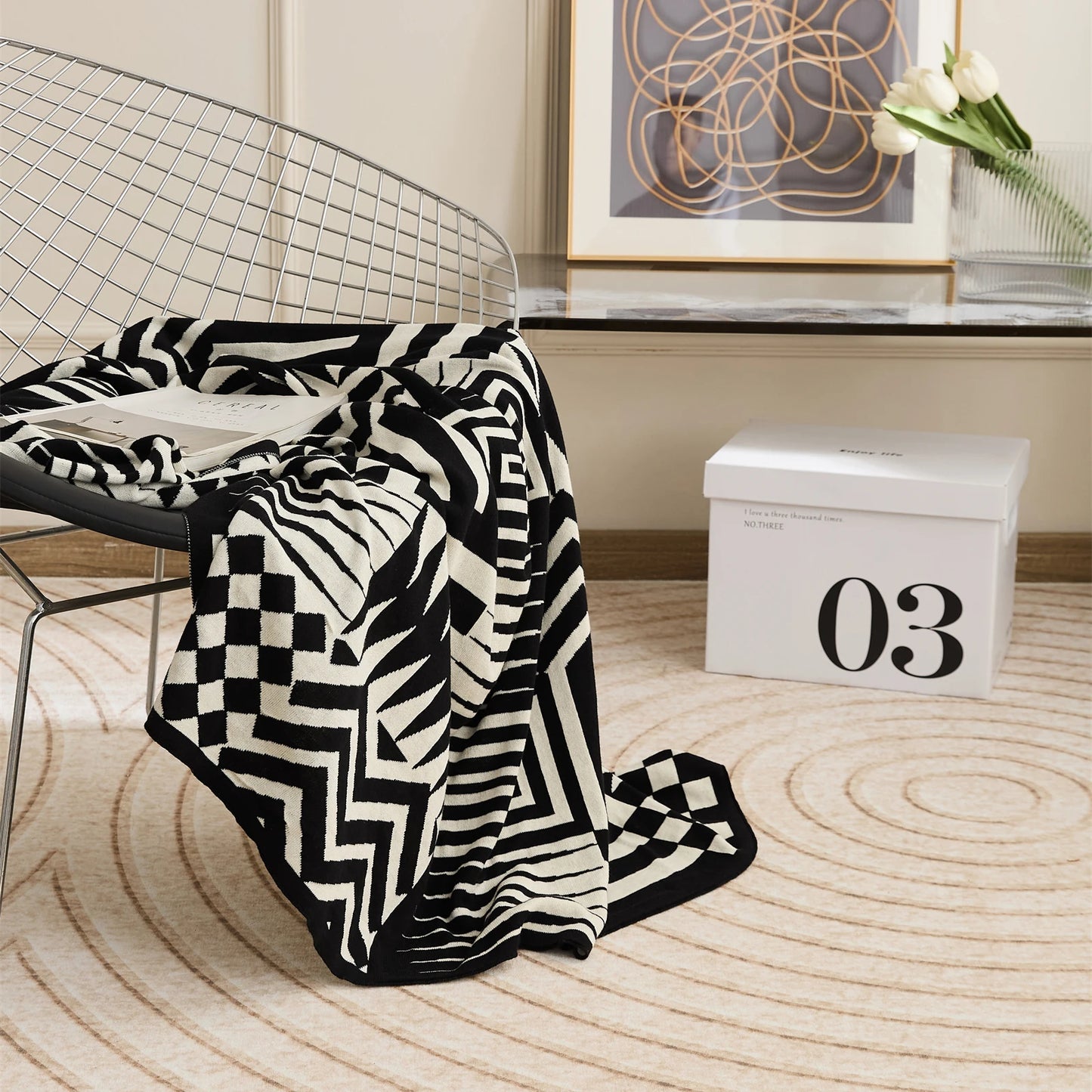 Tribal patterned black and white premium cotton throw blanket 