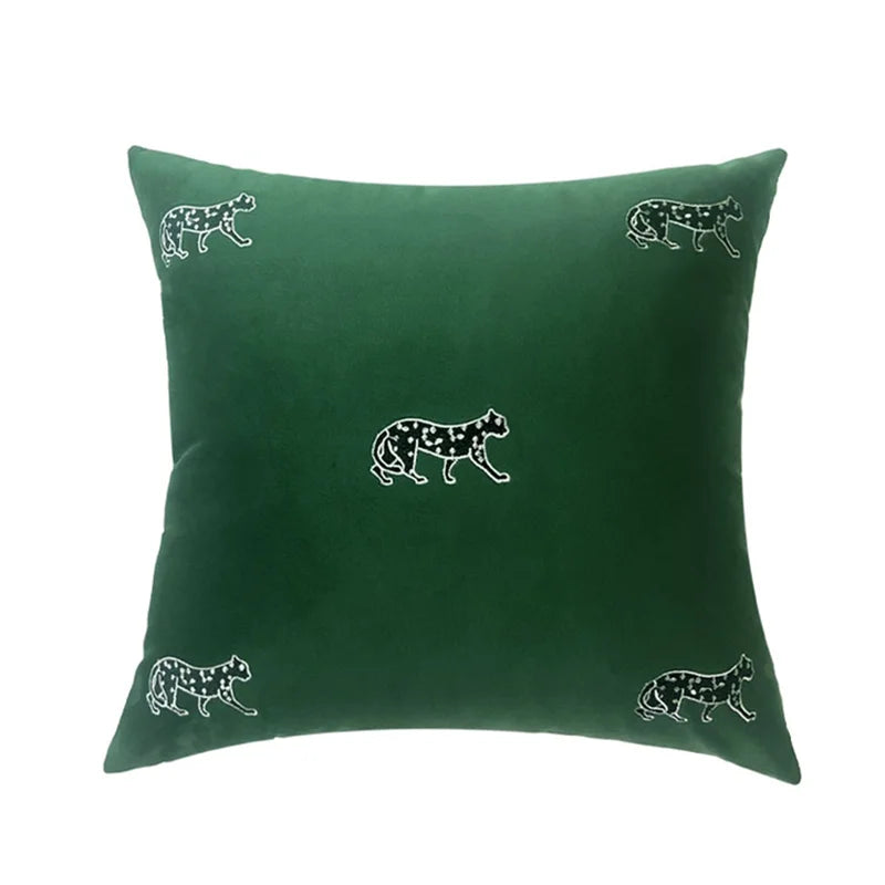 Mireille Fine Art, embroidered leopard throw pillow cover green