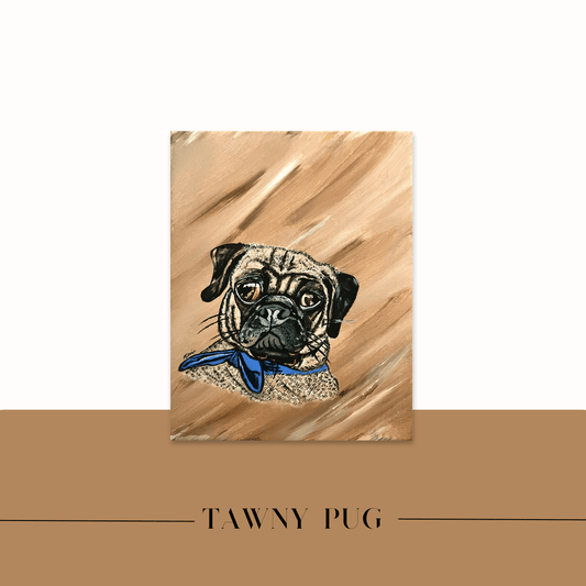 Mireille Fine Art, modern acrylic on canvas figurative fine art dog painting, pug dog with scarf painting 
