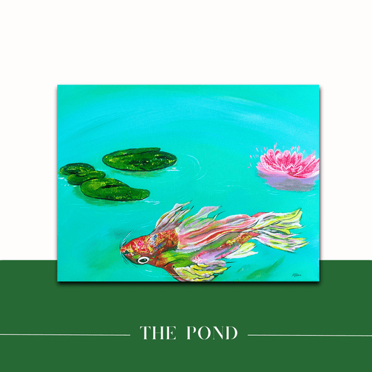 Mireille fine Art, original acrylic on canvas abstract fine art painting of catfish in koi pond, large nature wall art 